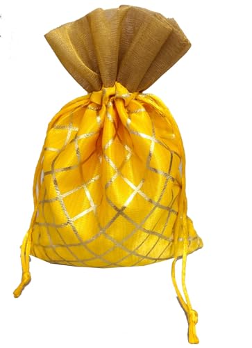 Image of 3A FEATURETAIL 13CM X 18CM Small Drawstring Bags Pouches Potli for Gift Wedding Jewelry Packaging Bridal Party Favors for Women (10 Pc Pack, Yellow Color Golden Berfi Print)