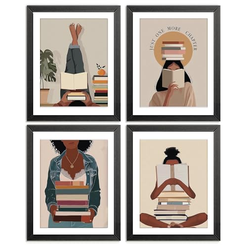 AEHIE Boho Black Women Reading Wall Art Poster Prints for Library Reading Room Classroom Decor, Just One More Chapter Book Club Decorations Prints Wall Art Unframed 4pcs 8x10inches, Book Lovers Gifts