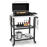 YITAHOME Outdoor Grill Table with Hooks and Side Handle, Movable Outdoor Prep Table for Pizza Oven and BBQ, Grill Cart Fit for Patio Garden Lawn Porch Kitchen, Sliver and Black