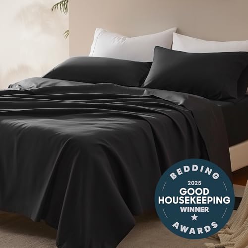 SLEEP ZONE Nanotex Super Soft Cooling Queen Bed Sheets Set 4 Piece - Easy Care Fitted Flat Sheet & Pillowcase Sets - Wrinkle Free, Fade Resistant, Deep Pocket 16" (Black, Queen)