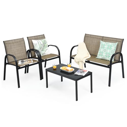 KOMFOTTEU Juego de Muebles de Jardín de 4 Piezas, Conjunto de Bistró con 2 Sillas, 1 Sofá y 1 Mesa de Centro, Muebles con Marco de Metal, Set de Conservación para Terraza, Piscina, Patio (Marrón)