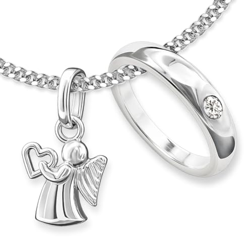 CLEVER SCHMUCK Set 2 Silberne Baby Anhänger Mini Engel 10 mm mit Herz in der Hand und Taufring schlicht Zirkonia kristallweiß & Kette Panzer 34 cm STERLING SILBER 925 im Taufe Etui weiß