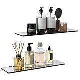 SHUAIAIW Glass Shelf for Bathroom, Bathroom Wall Shelf, Black Glass Floating Shelves, 2-Pack No-Drill Glass Wall Shelf for Living Room/Bathroom/Kitchen/Office
