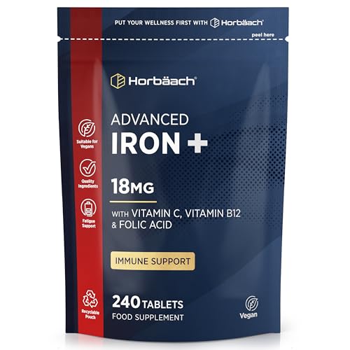 Fer Complément Alimentaire avec Acide Folique Vitamine B12 et Vitamine C | 14mg | 180 Gelules Vegan | Iron Supplement Tablets | Complement Alimentaire Système Immunitaire | par Horbaach