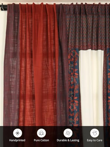Image of Peepul Tree Mix & Match Solid & Floral Door Curtains Brick Red & Blue | 7 Feet | Set of 3 | 2 Woven & 1 Printed Curtain| 60-70% Light Blocking| Semi Blackout| Pure Cotton | Back Loop Curtains