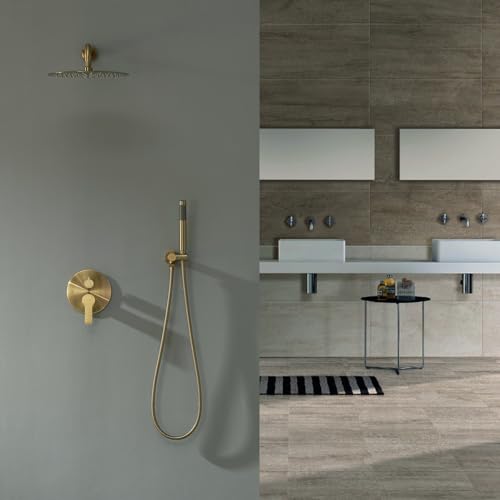 Image of Iriber Brushed Gold Shower System Wall Mounted Shower Faucet Mixer Set with 10 Inches Rain Shower head and Handheld, Bathroom Shower Trim Kit Contain Pressure Balance Valve Cartridge
