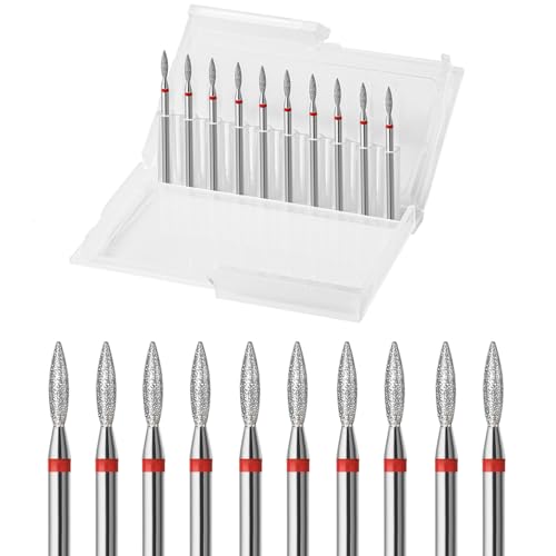 ERUIKA 10pcs Diamond Flame Cuticle Drill Bits Set, Professional Cuticle Nail Drill Bits for Dead Skin 3/32'' Nails Dry Manicure Pedicure Shape Remove Nail Salon Tools(Fine-F)