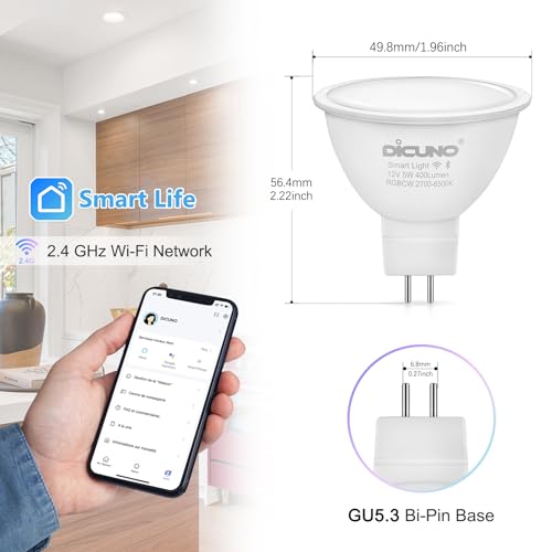DiCUNO MR16 Smart Bulbs Alexa, RGBCW Color Changing Light, 5W GU5.3 Smart Bulb Compatible with Google Home, Dimmable with App, 2.4GHz WiFi, AC/DC 12V, Bi-pin Base, 400LM, Landscape Light, 4-Pack by DiCUNO - Used condition - Image 4