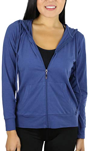 ToBeInStyle Jaqueta feminina leve de manga comprida com capuz e bolso canguru, Jeans, P