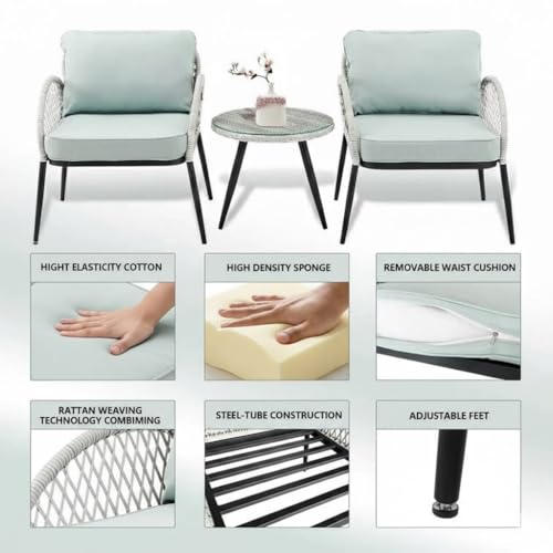 Image of LOCCUS Outdoor Patio 3-Piece Wicker Chair Table Set with Double Waving HDPE Rattan All Weather Resistant Furniture with Glass Top Table & Comfy Seat (Sliver Grey & Sky-Blue)
