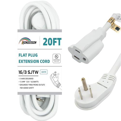 HONDERSON Flat Plug Indoor Extension Cord, UL Certified, 16 Gauge 20FT White 3 Prong Heavy Duty, 16/3 SJTW 13A Power Cord for Lights, Appliances, Home by HONDERSON - Used condition - US$12.66
