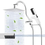 Hibbent All Metal cUPC Certified Shower Head, 8'' High Pressure Rainfall Shower Head, Showerhead Combo, Handheld Shower Wand, 12'' Adjustable Extension Arm, 4-Spray, 71'' Hose, Shower Holder, Chrome