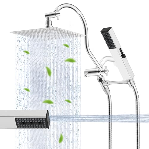 Hibbent All Metal cUPC Certified Shower Head, 8'' High Pressure Rainfall Shower Head, Showerhead Combo, Handheld Shower Wand, 12'' Adjustable Extension Arm, 4-Spray, 71'' Hose, Shower Holder, Chrome by Hibbent - Used condition - US$50.99