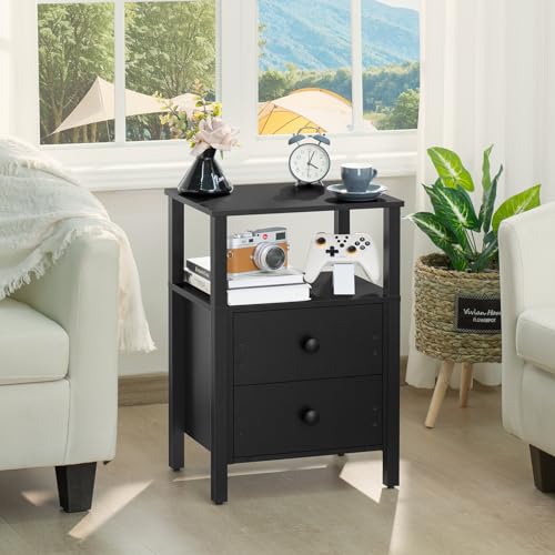 Lerliuo Black Night Stand, Small Nightstand with 2 Wood Drawers and Storage Shelf, Mid Century Modern Bedside Table with Wooden Frame, Rustic Bed Side Tables for Small Spaces, Nightstands for Bedroom