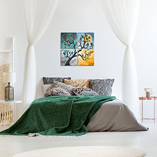 Tree Of Life Wall Art Colorful Canvas Prints Decor 4 Seasons Trees With Full Moon Painting Nature Landscape Pictures For Living Room Bedroom Stretched And Framed Ready To Hang 12×12 Inch×4Pcs (Small) #TOP4
