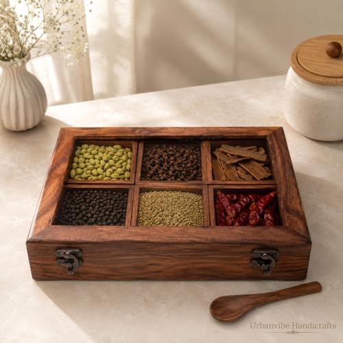 Image of Wooden Spice Box with 6 Removable Compartments|Masala Dabba for Kitchen Storage | Premium Wooden Spice Organizer with Transparent Glass Lid | Multipurpose Storage Box 120 ML