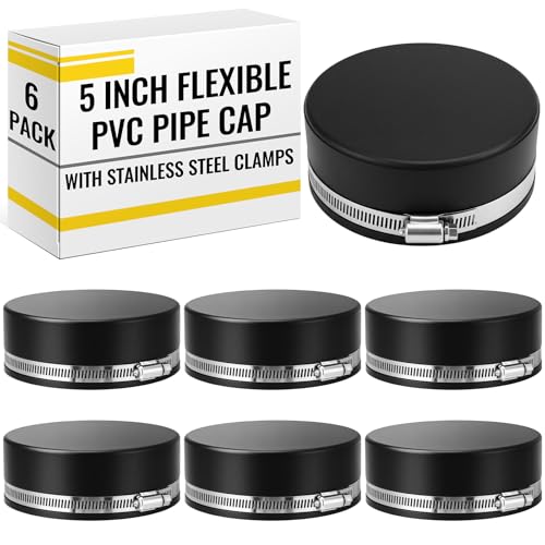 Image of 6 Pack 5 Inch Flexible PVC Pipe Cap with Stainless Steel Clamps - Black Durable End Caps for Drainage, Wastewater & Vent Pipes, Above /below Ground Use