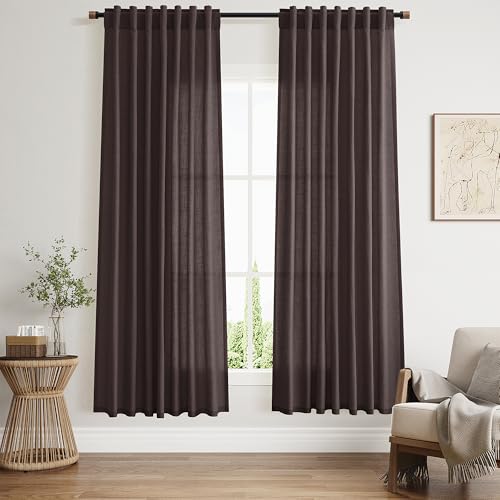 Image of Cocoa Coffee Linen Curtains 72 Inch Long for Living Room Bedroom Lightweight Door Drapes 2 Panels Set, Semi Sheer Light Filtering Back Tab or Rod Pocket Curtain,52x72