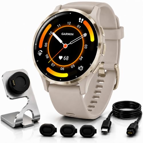 Image of Garmin Venu 3S GPS Smartwatch, 41mm Gold/Grey, Fitness Tracker with 10-Day Battery & Sleep Coach - Includes Premium Charging Stand, Extra Power Cable & Port Protector Plugs (Renewed)