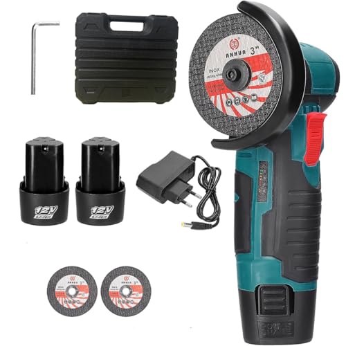 3 Inch Cordless Mini Angle Grinder - 12V Brushless Lithium-Ion Grinder 2 Battery with 19500RPM, 4-in-1 Cutting/Grinding/Polishing, UK Plug for Metal/Wood/Stone/Tile