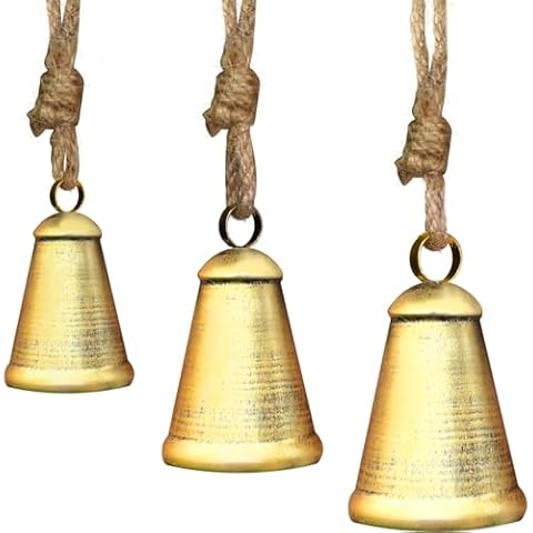 Christmas Bells for Decoration, Set of 3 Harmony Cow Bells, Vintage Handmade Rustic Hanging Bells, Metal Vintage Decorative Bells with Jute Hanging Rope Cover