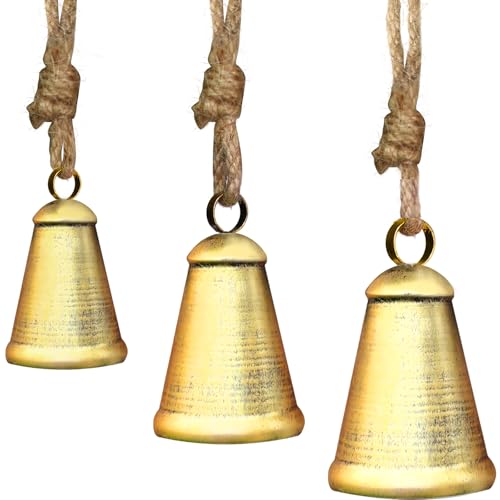 Christmas Harmony Cow Bells for Decoration, Set of 3 Vintage Handmade Rustic Hanging Metal Bells With Jute Rope