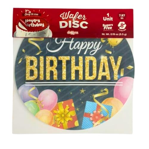 Dekora, Edible Happy Birthday Cake Decorations, Edible Cake Toppers Decoration for Birthday, Happy Birthday Image Sheet for DIY Cake Decorating, 7.8-Inch Round Wafer Paper, Sugar-Free