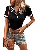Verdusa Women's Casual Striped Print Collar Short Sleeve Ribbed Knit Top Pullover Sweater Black M