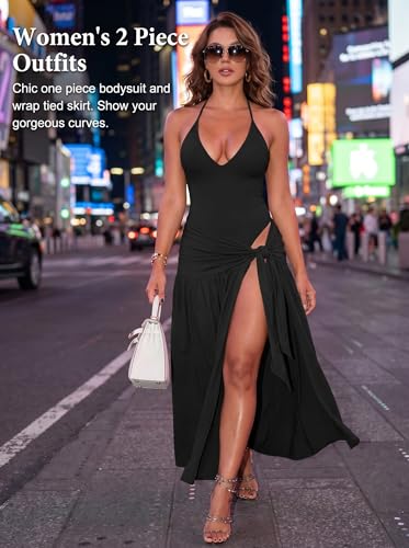 Image of Two Piece Skirt Set Women Sexy Halter Backless Bodysuit and Wrap Tied High Split Summer Maxi Skirt Set