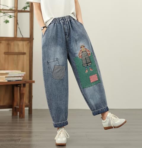 LAI MENG FIVE CATS Women Baggy Jeans Elastic Waist Barrel Denim Loose Harem Ankle Pants4