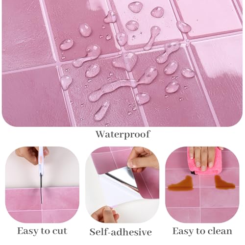 VaryPaper Pink Peel and Stick Backsplash for Kitchen 10 Sheets 12''x12'' Pink Subway Tile Stick on Backsplash Waterproof Vinyl Back Splash Removable Self Adhesive Wall Tiles for Bathroom Laundry Room by VaryPaper - Image 5