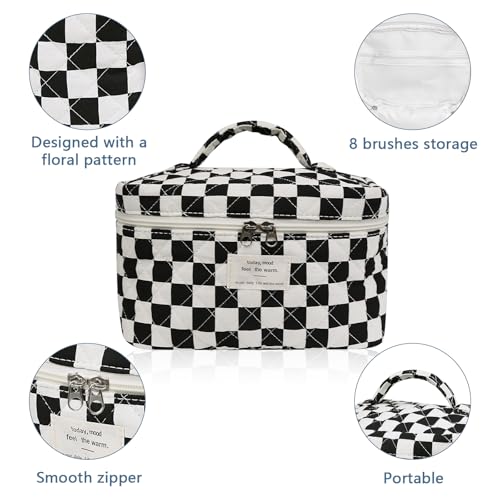 Gosect Large Makeup Bag, Cute Cosmetic Bag for Women Girls, Floral Coquette Aesthetic Toiletry Bag, Travel Make Up Organizer Bag (Black Checkered) — view 4