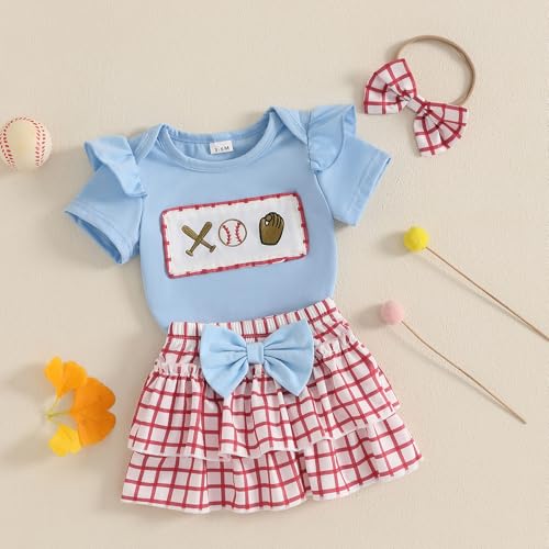 Baby Girl Baseball Outfit Ruffle Short Sleeve Bubble Romper Bow Plaid Tutu Skirt Newborn Summer Clothes Headband 0-18M2