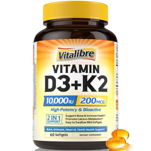 Vitalibre Vitamin D3 K2 Supplement, 10000 IU D3 / 200 mcg K2 MK7, Calcium Absorption, Bone, Heart, Immune & Mood Support, Enhanced Absorption, No Soy, Easy to Swallow, 60 Softgels
