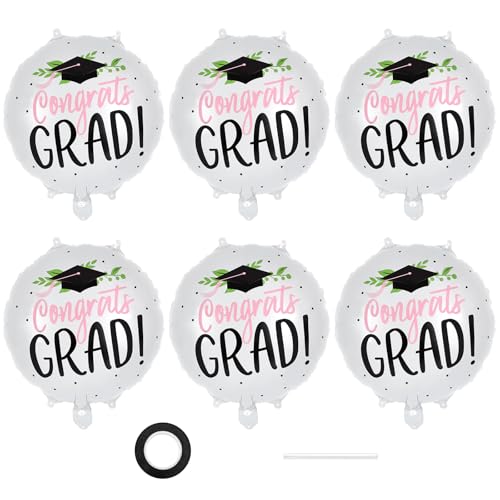 Image of 6 Pcs Graduation Balloons, White Graduation Cap Foil Balloons, Congrats Grad Mylar Balloons for Class of 2026 Graduations Party Decorations