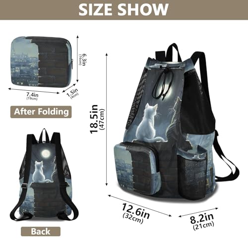 Mesh Gym Swimming Bags for Men & Women, Two Cats City Moon Stras Large Drawstring Backpack with Dry-Wet Pocket, Lightweight Gym Bag for Sports, Travel, Beach, Workout Gear2