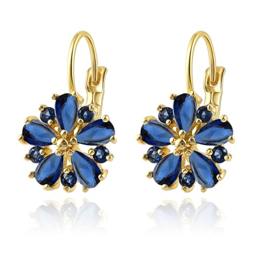 Vintage 14K Gold Plated Flower Sapphire Earrings - Hypoallergenic Leverback
