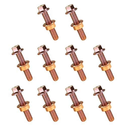 QKYS 10PCS Exhaust Manifold Bolts Kit, 0.7"x1.45" Carbon Steel Non-Slip Serrated Hex Flange Screws, Universal for Most Cars, Trucks, SUVs & Fits Toyota Honda Acura (Gold)