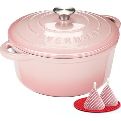 Overmont Enameled Cast Iron Dutch Oven - 5.5QT Pot with Lid Cookbook & Cotton Potholders - Heavy-Duty Cookware for Braising, Stews, Roasting, Sourdough Baking pink
