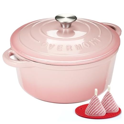 Overmont Braadpan van emaille gietijzer, stoofpan, 24 cm, geschikt voor de oven, met deksel en kookboek, voor keuken, bakken, smoren, braden, roze