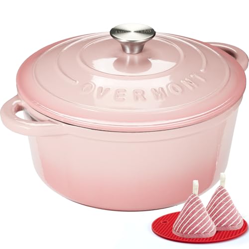 Overmont Olla de Hierro Fundido - Antiadherente Cacerola Holandesa de Esmaltado con Tapa - Ø26 CM Redonda Cacerola Holandesa para Cocinas de Inducción - Rosa