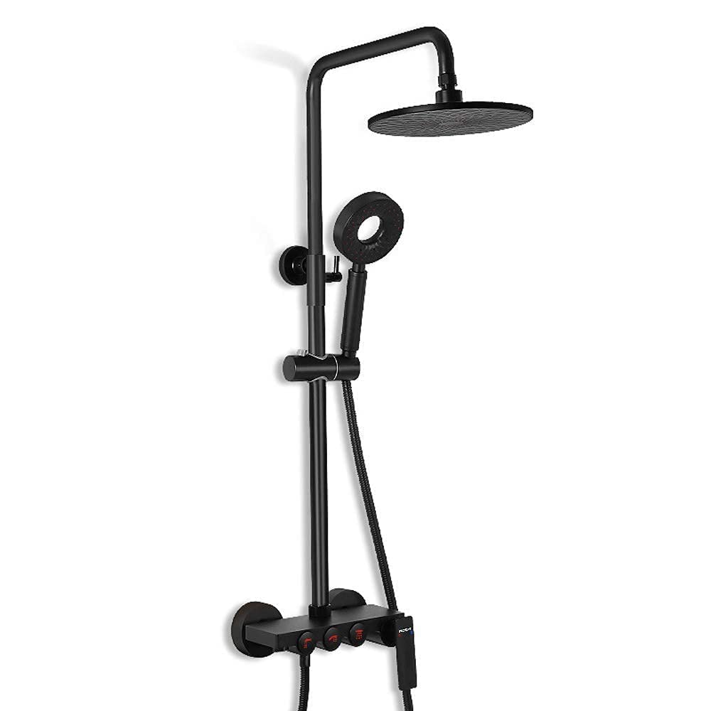 OZBMA Modern Black Matt Shower Mixer System with Riser Rail Kit Overhead Rainfall Head Hand And Shelf Column Height Adjustable 80~125 CM Wall- Mounted Set for Bathro