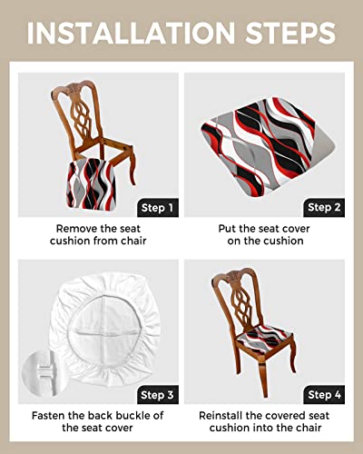 Red Black Grey Seat Covers For Dining Room Chairs Set Of 6, Stretchy Dining Chair Cushion Covers, Modern White Moire Geometric Abstract Art Removable Washable Slipcovers For Office, Kitchen, Party #TOP3