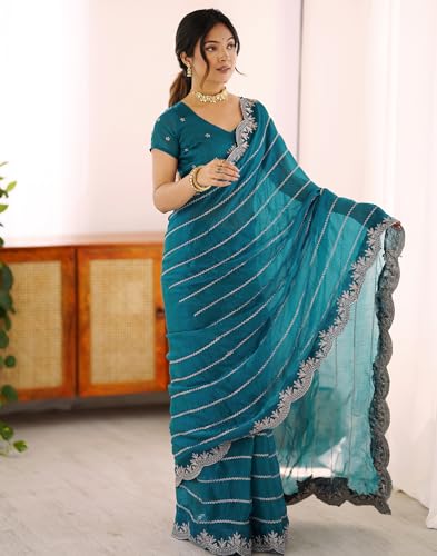 Image of SIRIL Women's Chiffon Scalloped Border Sequins Embroidery Saree with Unstitched Blouse Piece