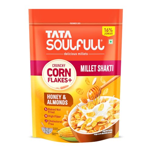 Image of Tata Soulfull Corn Flakes+, Honey & Almonds, Crunchy Corn & Millets, Baked Not Fried, Cholesterol Free, High Fiber, Wholesome Breakfast Cereal, Quick & Easy, 450g