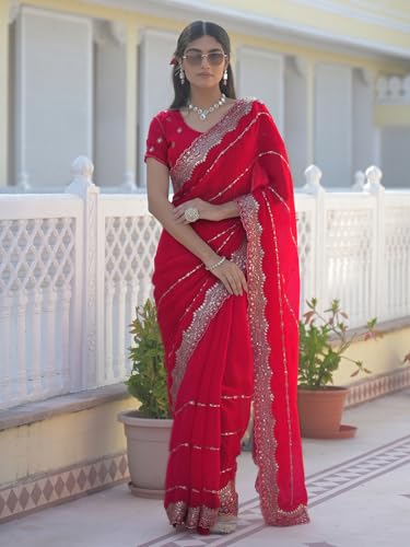 Image of Satrani Women's Shimmer Chiffon Scalloped Border Sequins Embroidery Saree with Unstitched Blouse Piece