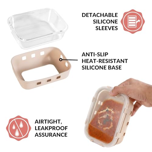 Image of Nestasia Gripso Glass Containers Set of 3 with Silicone Sleeve & Locking Lid (370ml, 600ml, 1000ml), Rectangle Food Storage Containers for Kitchen | Microwave, Dishwasher & Freezer Safe (Beige)