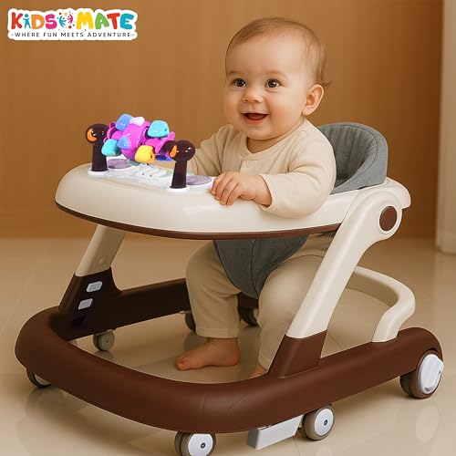 Image of Kidsmate Convertible 2-in-1 Baby Walkers for 6 to 18 Months with Activity Push Mode | Walker for Kids with Musical Toy Tray, Adjustable Height & Cushioned Seat | Safe, Foldable Design - White
