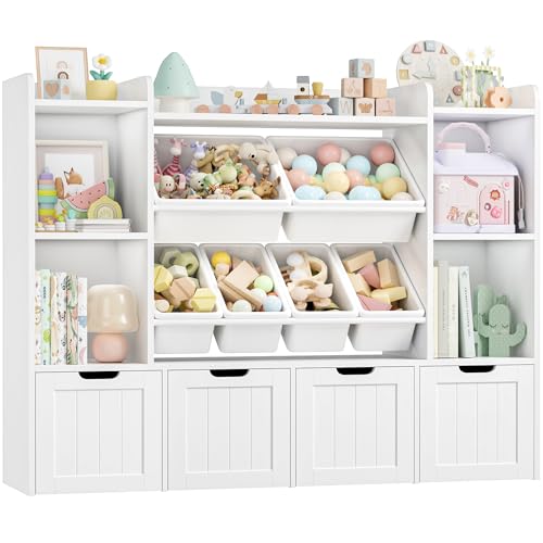 FINETONES 55.1’’ W Toy Storage Organizer with 6 Toy Bins, Large Toy Organizer Kids Bookshelf with 4 Movable Drawers and 4 Storage Cubbies, Toy Bins for Kids Organizer Playroom Storage for Kid Room