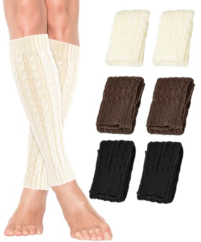 Vinuwu 3 Pairs Leg Warmers, Knit Leg Warmer for Women Ladies Men, Y2K Ankle Knee Sleeve for Boot 80s Party Yoga Ballet Dance Ice Skating Accessories, Winter Essential-Wh Blc Br